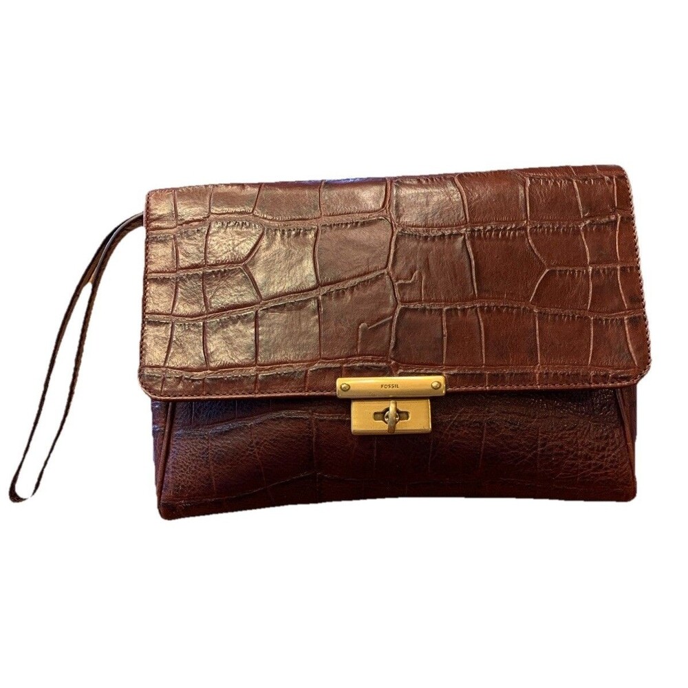 Vintage Fossil Leather Embossed Large Clutch Wristlet Handbag Brown Classic Chic